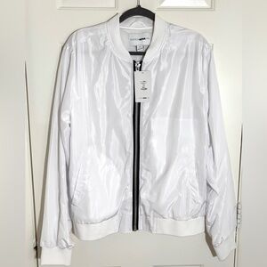 Men’s Large “Fashion Nova” White Essential Nylon Bomber Jacket (NWT)